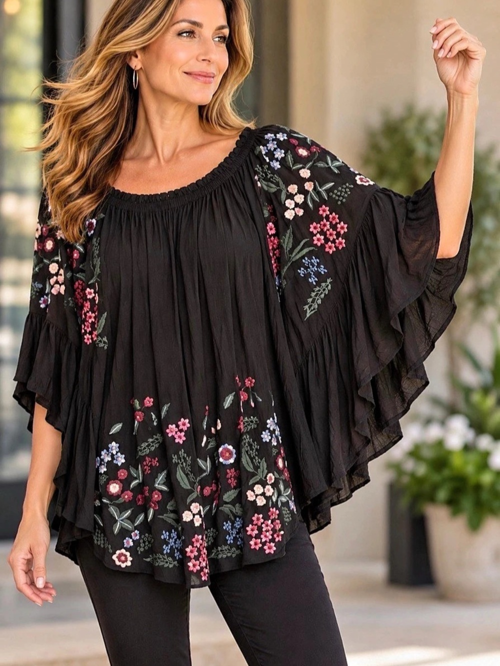 Umgee Black w/vibrant Colored Floral Embroidery Off or On Shoulder Tunic